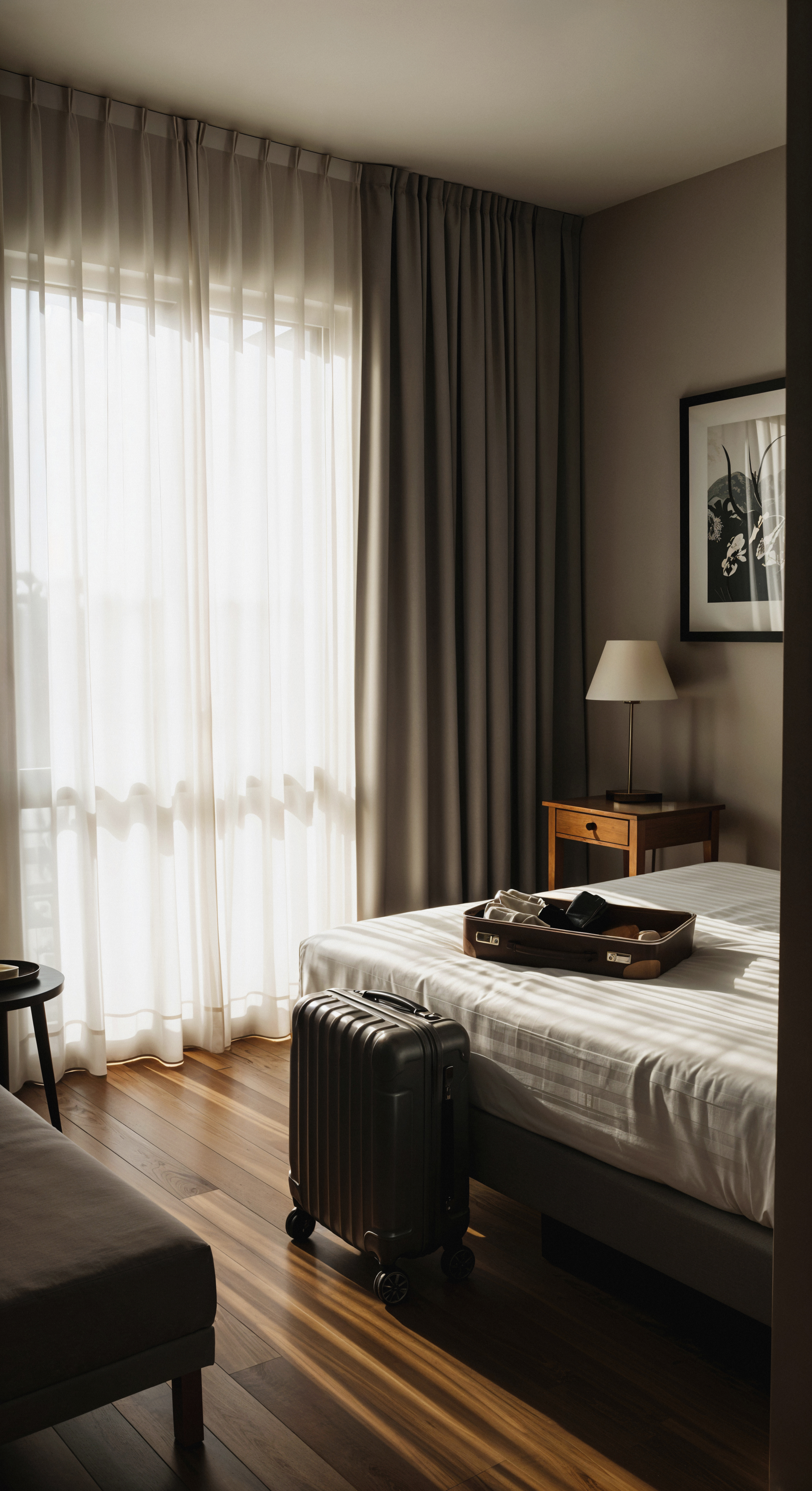 Sunlit hotel bedroom with curtains and soft daylight