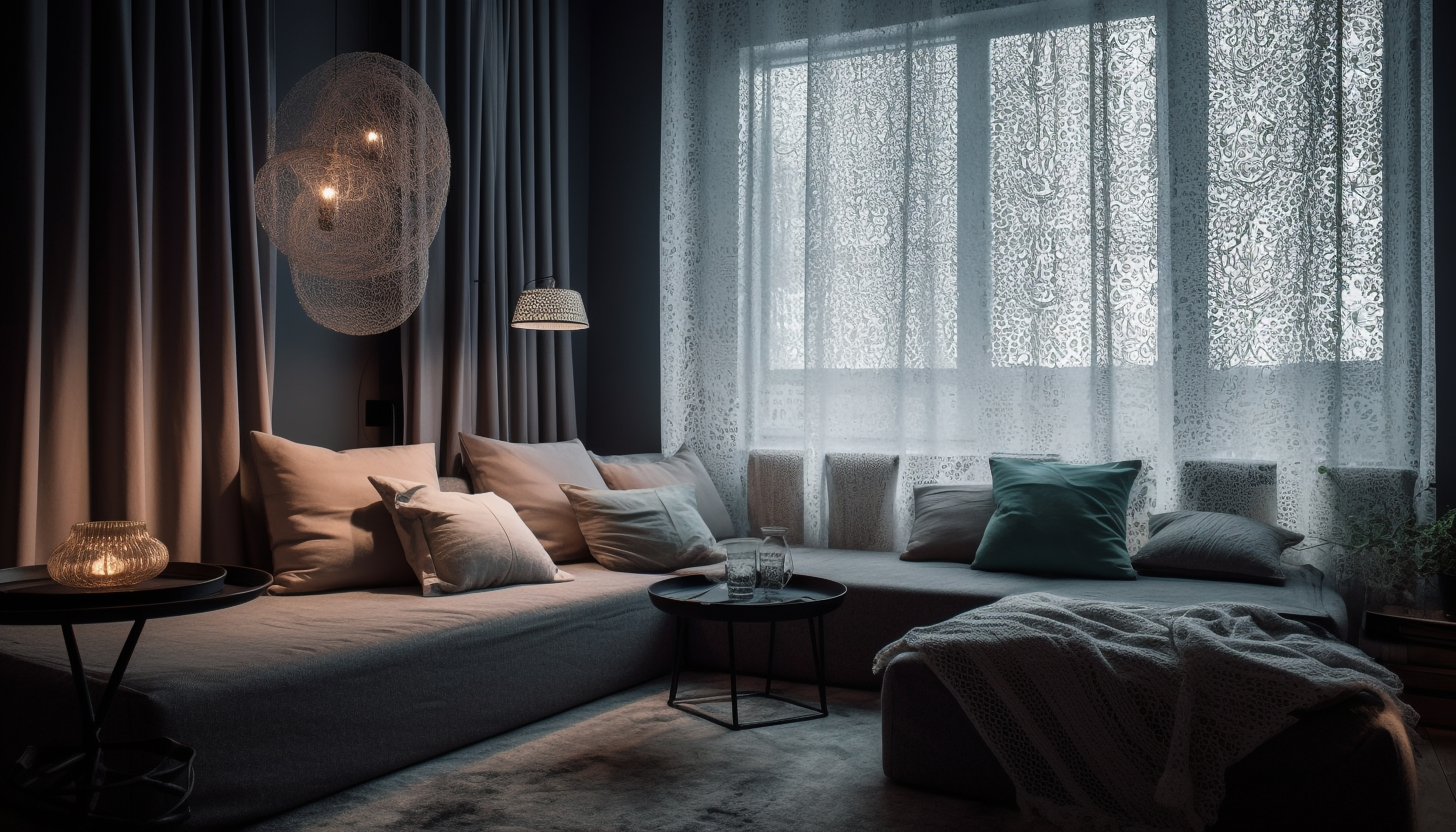 Wide modern bedroom with layered curtains and daylight