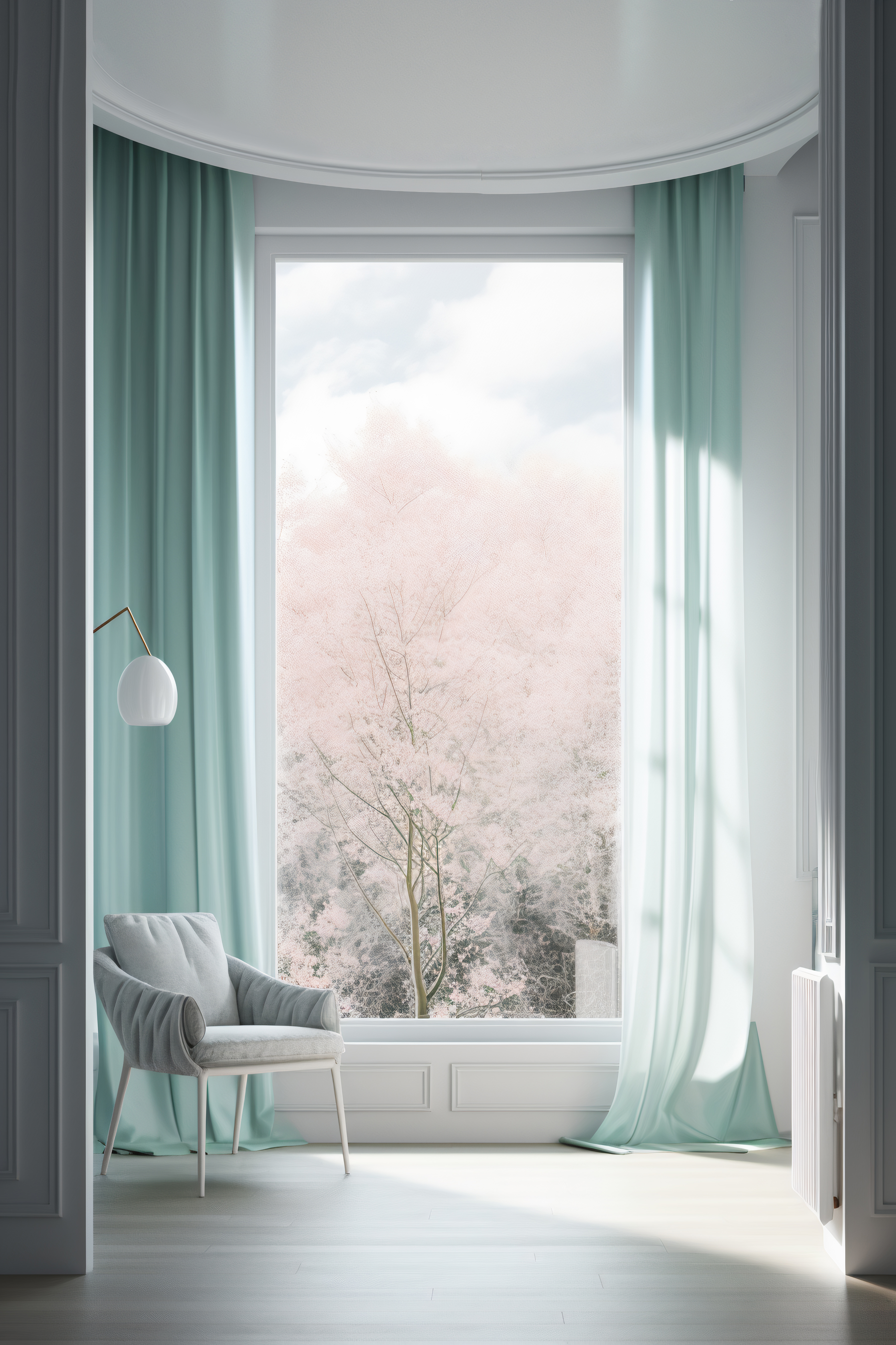 Atmospheric window with layered curtains and soft light
